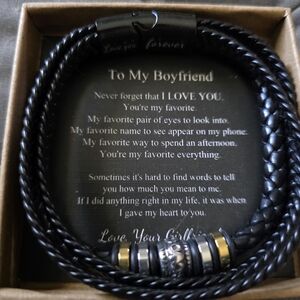 Men's Black Braided Leather Bracelet with Metallic Accent Beads